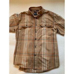 Carhartt Mens Medium Shirt Button‎ Down Short Sleeve Loose Fit Plaid Brown